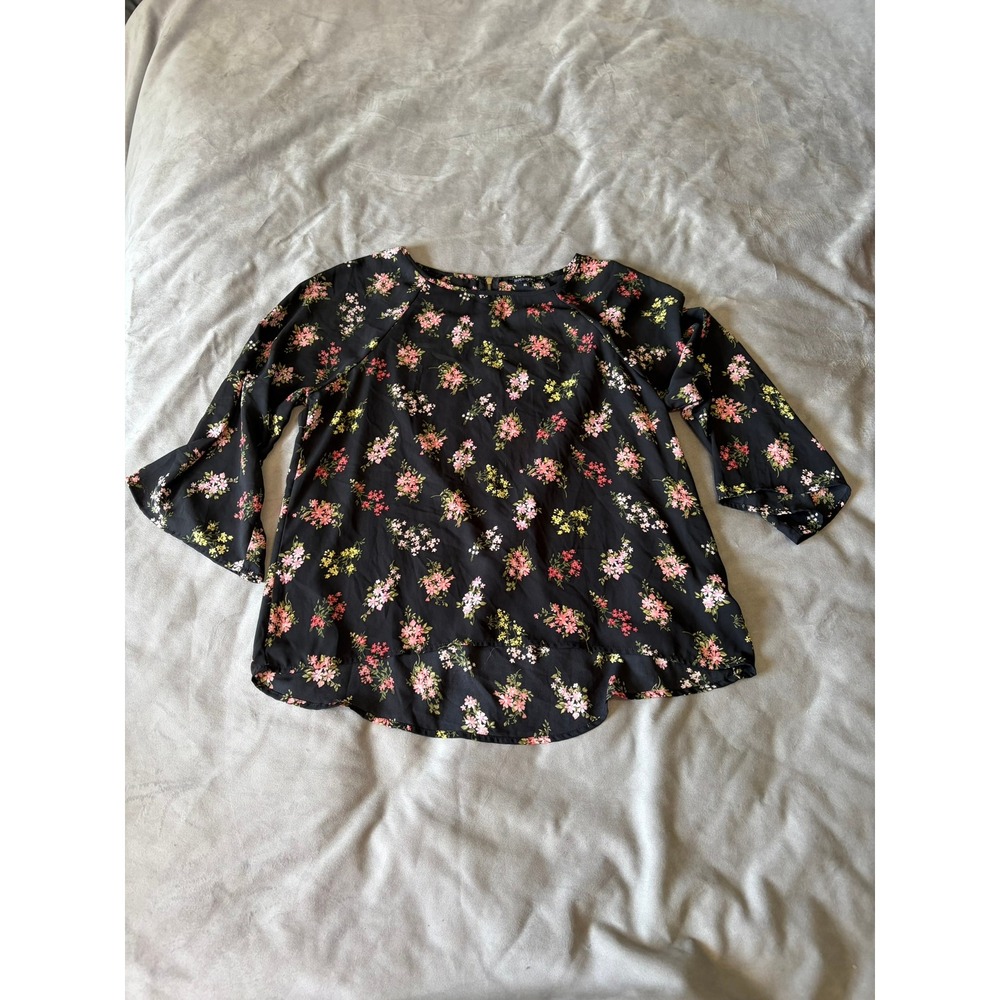 Papermoon Black Floral Bell Sleeve Blouse XL High Low Hem Zip Back Top